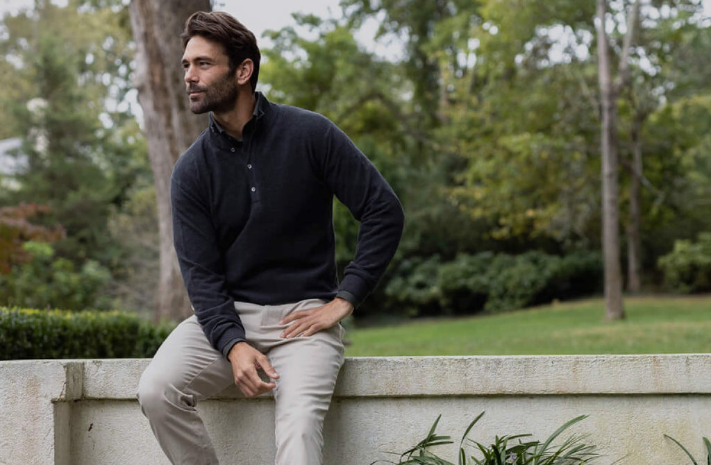 Male model wearing a lightweight pullover sweater