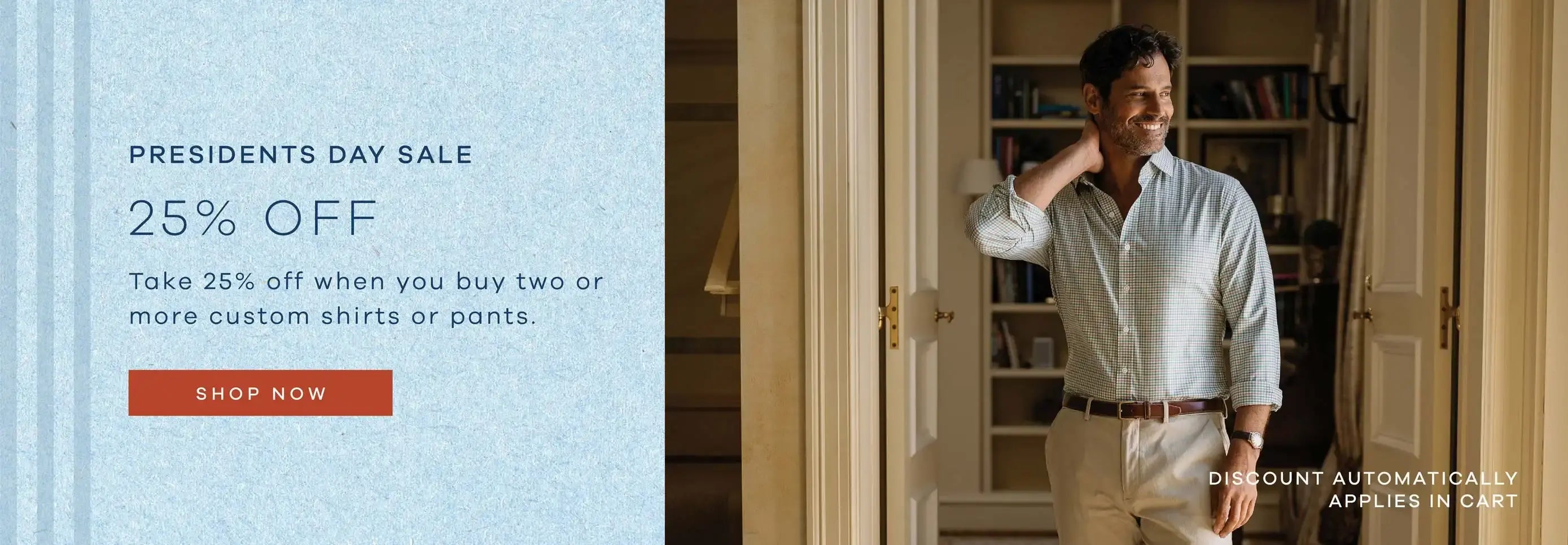 Man standing in a room with bookshelves, promotional text for Presidents Day sale on the left.