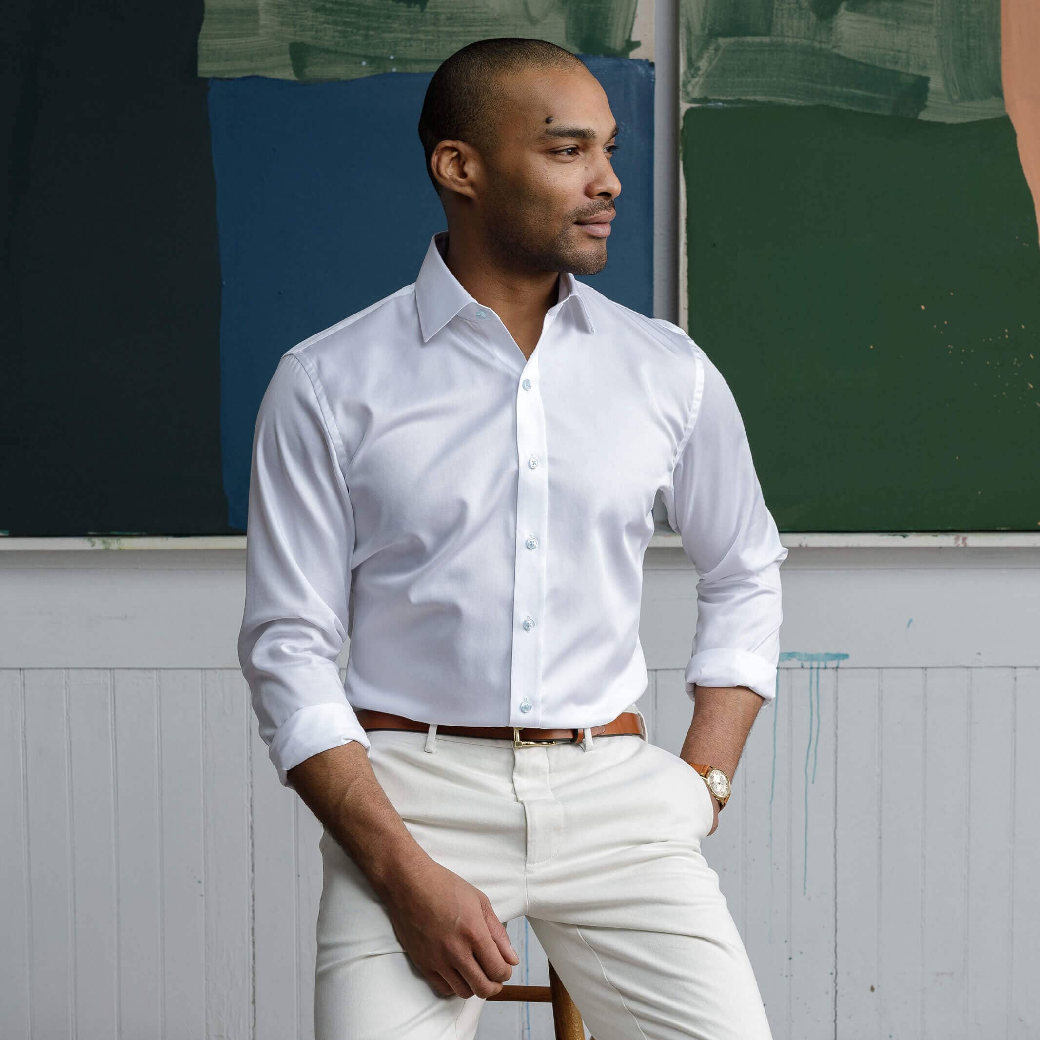 The White Madison Fine Twill with Light Blue Buttons Custom Shirt Custom Dress Shirt- Ledbury