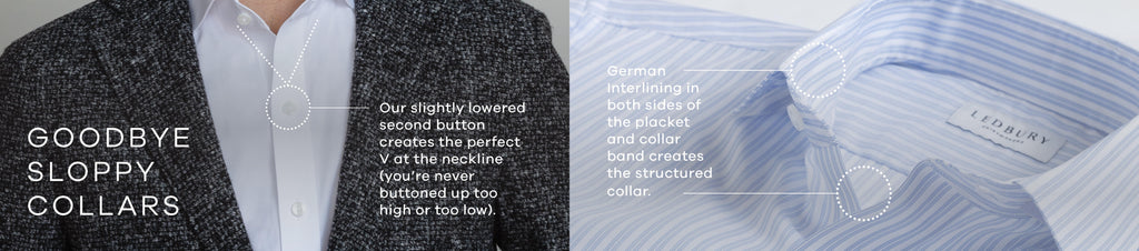 Image showing the slightly lowered second button and structured German interlined plackets that keep Ledbury collars standing tall.