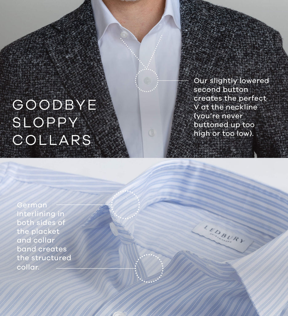 Image showing the slightly lowered second button and structured German interlined plackets that keep Ledbury collars standing tall.