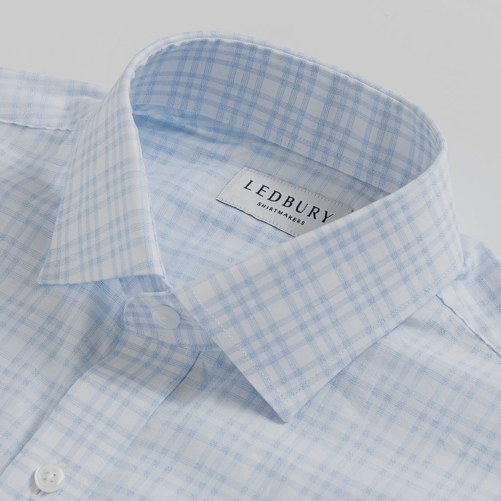 Collar close up of the light blue and white Ellis plaid custom shirt.