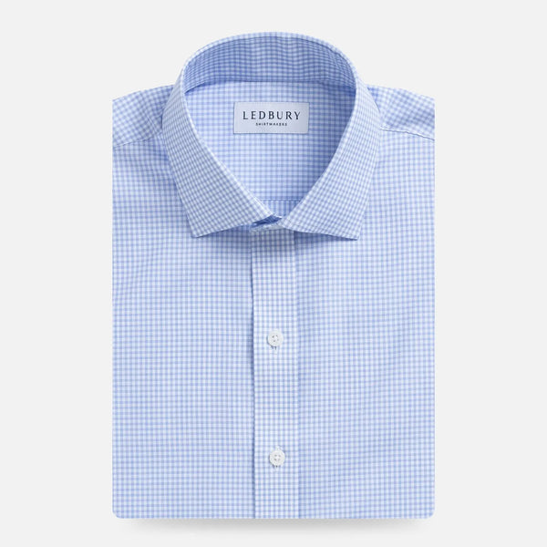 Blue gingham dress shirt flat lay - Kent micro-twill custom fit