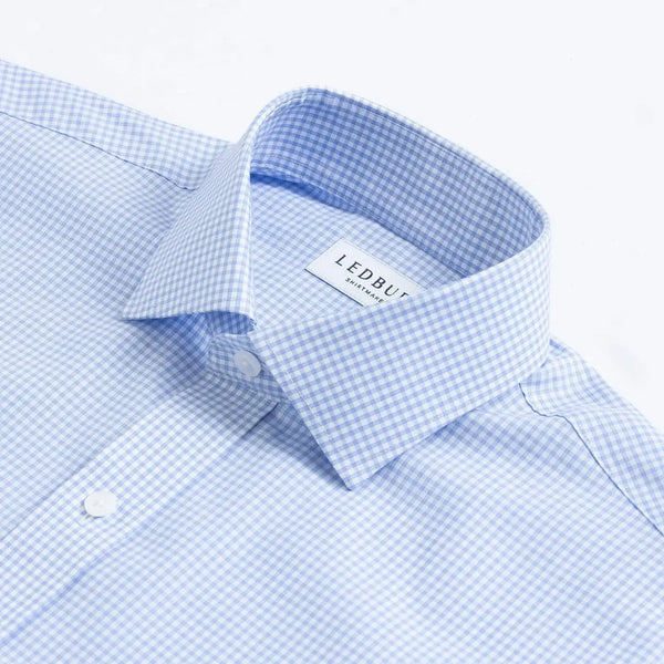 Blue dress shirt collar with gingham check - Kent micro-twill detail