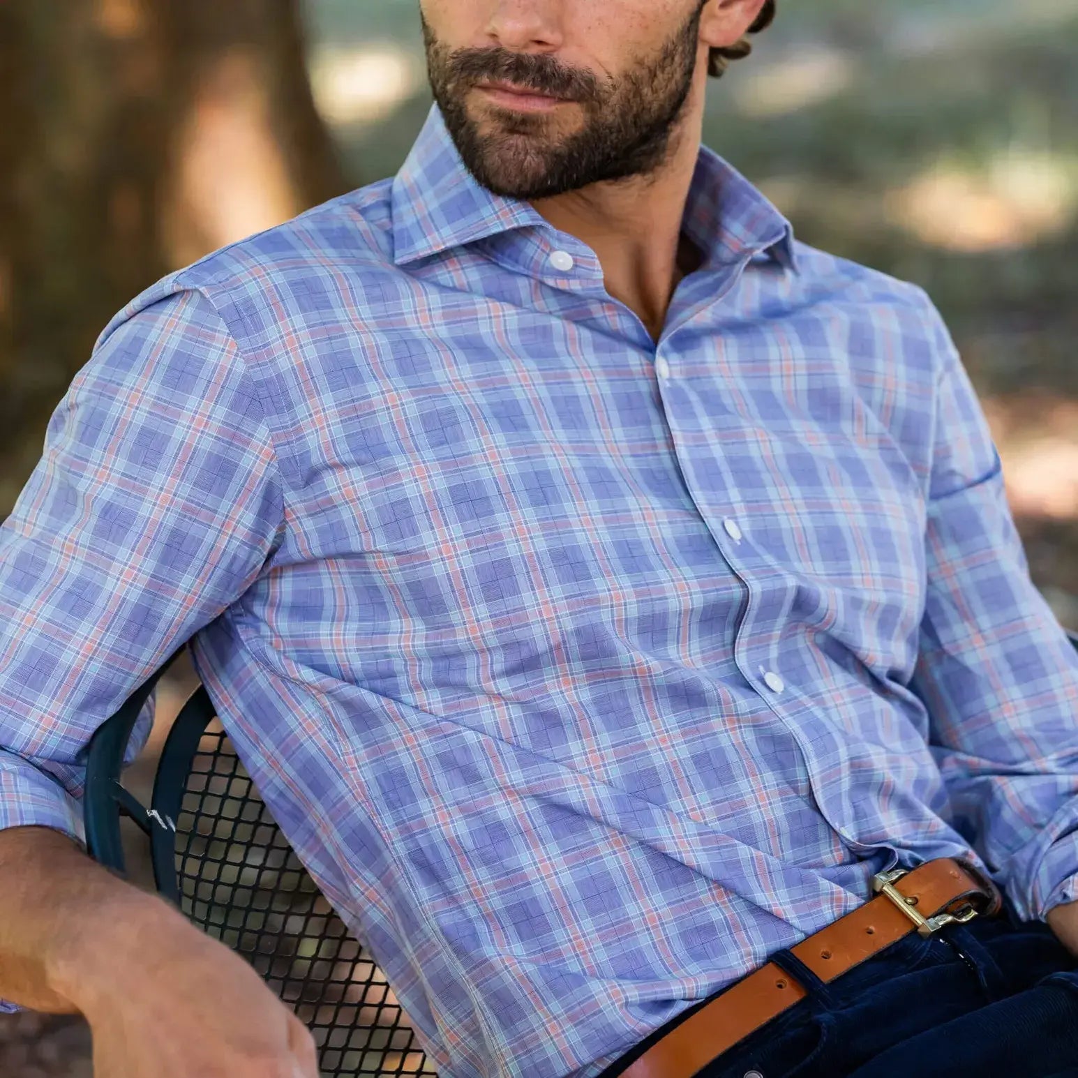 Man wearing Blue Khal Check Custom Shirt - lifestyle photo showing versatile casual styling