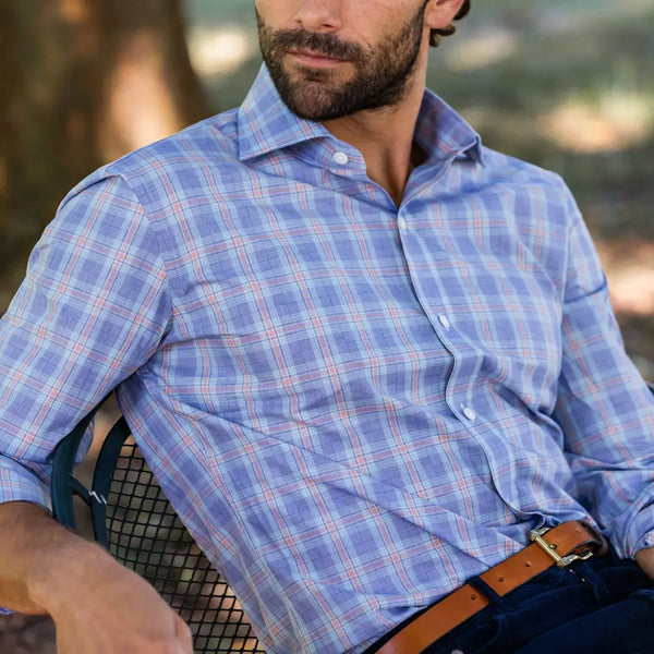 Man wearing Blue Khal Check Custom Shirt - lifestyle photo showing versatile casual styling