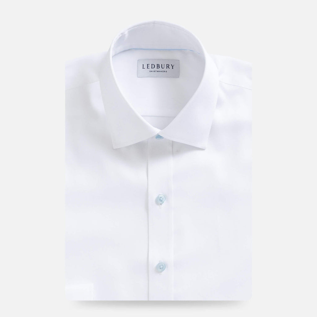 The White Madison Fine Twill with Light Blue Buttons Custom Shirt Custom Dress Shirt- Ledbury