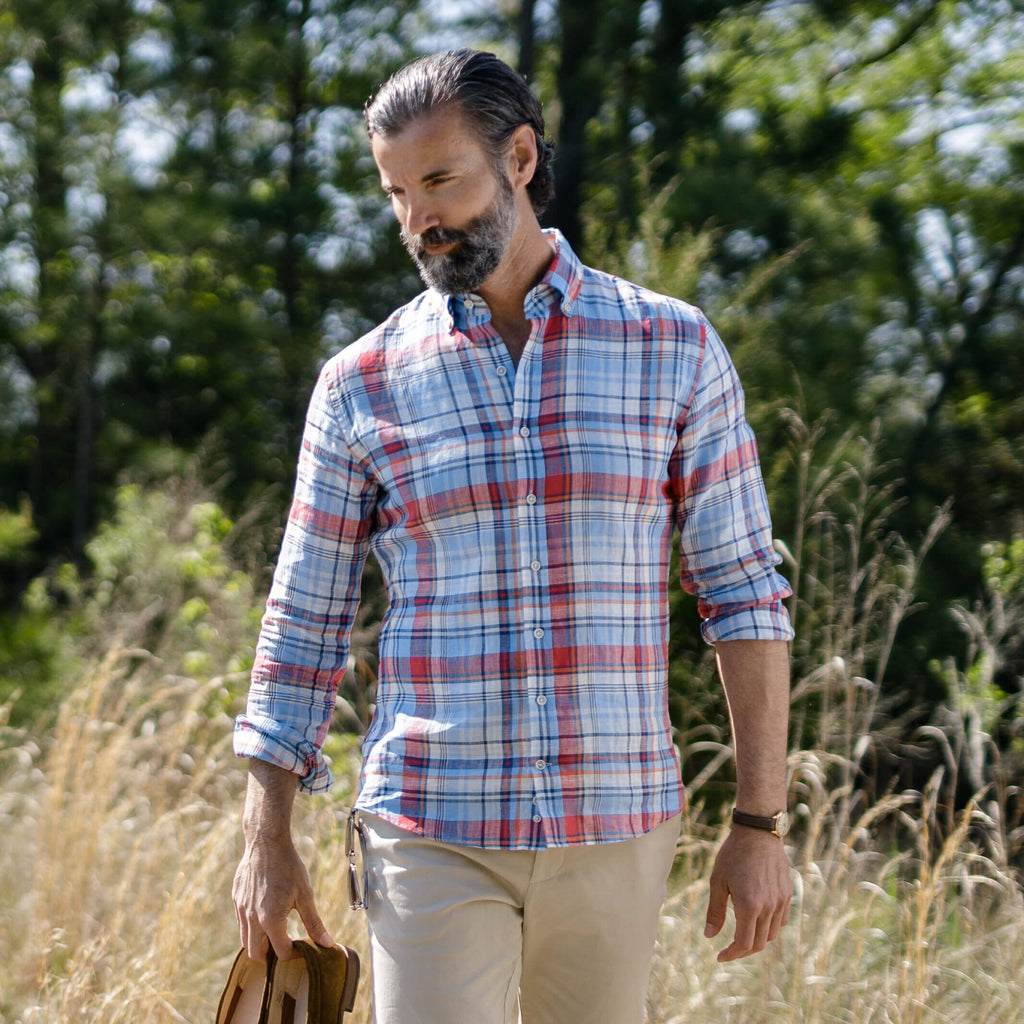 The Blue Petersham Plaid Linen Custom Shirt Custom Casual Shirt- Ledbury