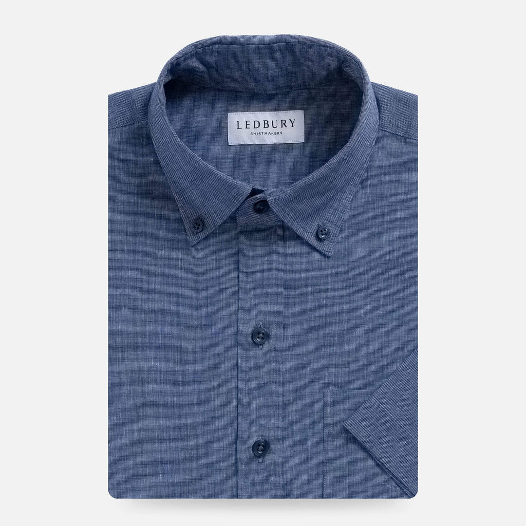 The Navy Short Sleeve Barretto Cotton Linen Custom Shirt Custom Casual Shirt- Ledbury