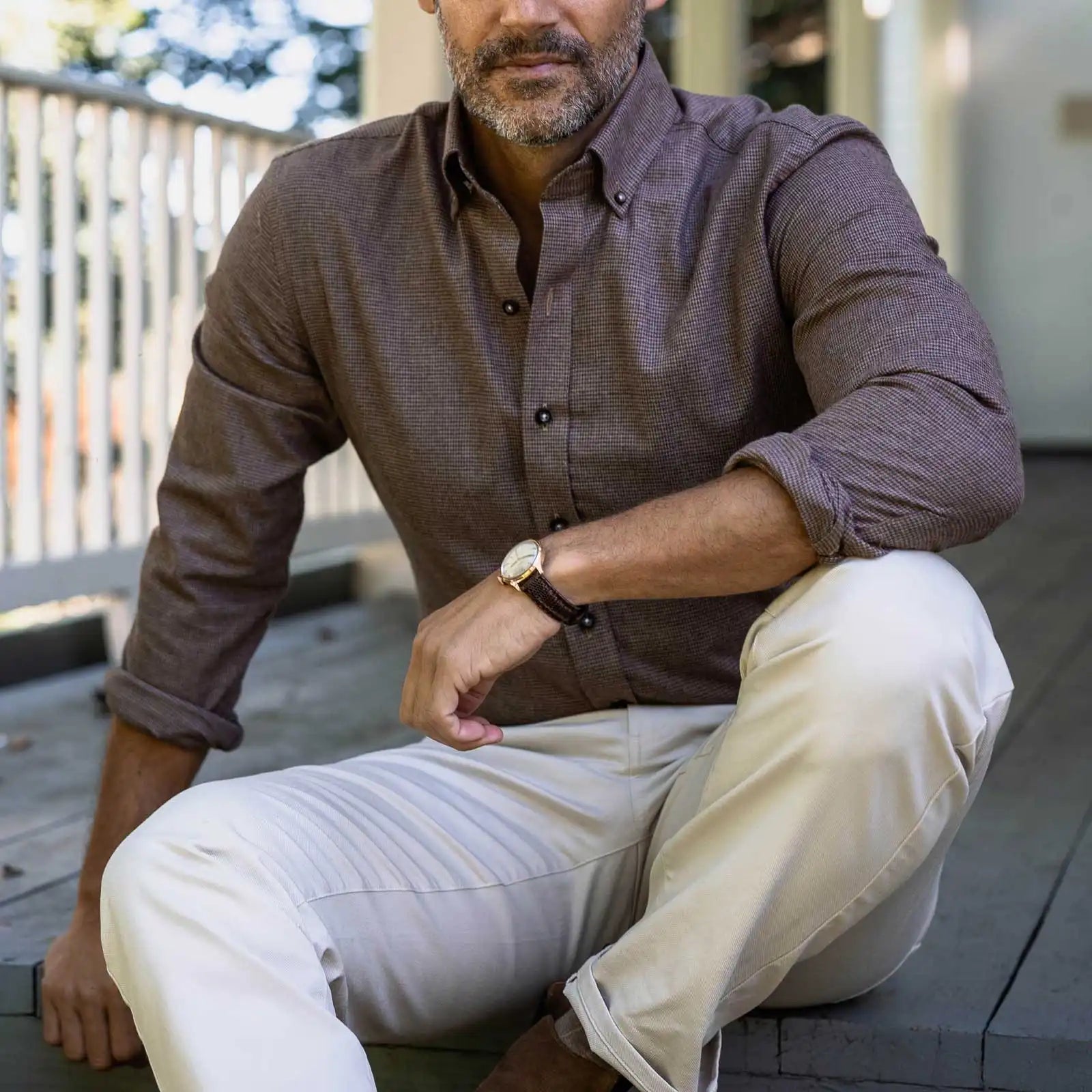 Man wearing brown houndstooth casual shirt - brushed twill flannel