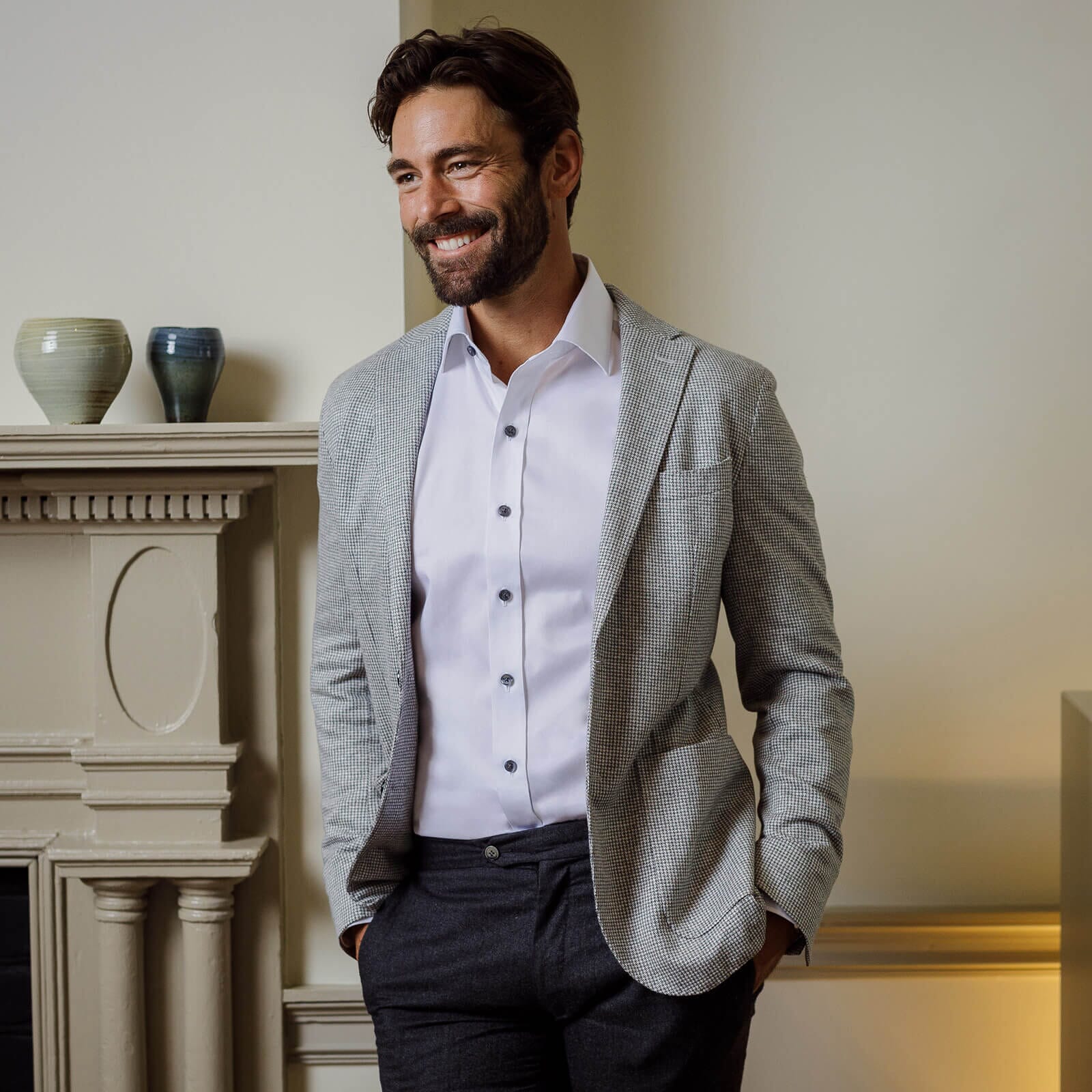 The White Madison Fine Twill with Smoke Buttons Custom Shirt Custom Dress Shirt- Ledbury