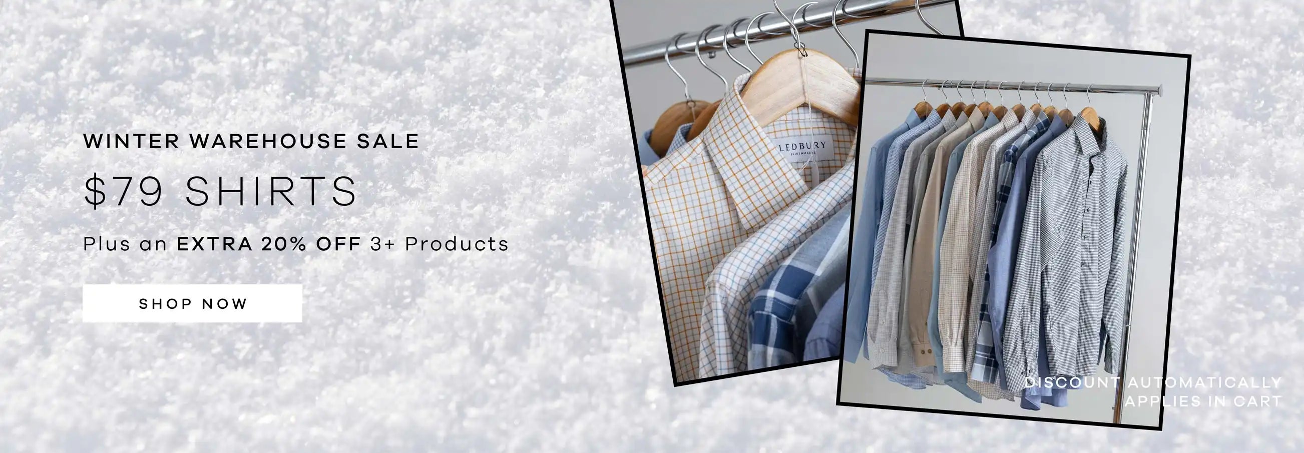 Winter warehouse sale banner with shirts on hangers against a snowy background