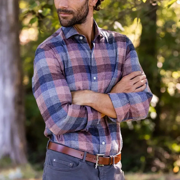 Man wearing apricot flannel shirt - Hartmann custom fit casual shirt