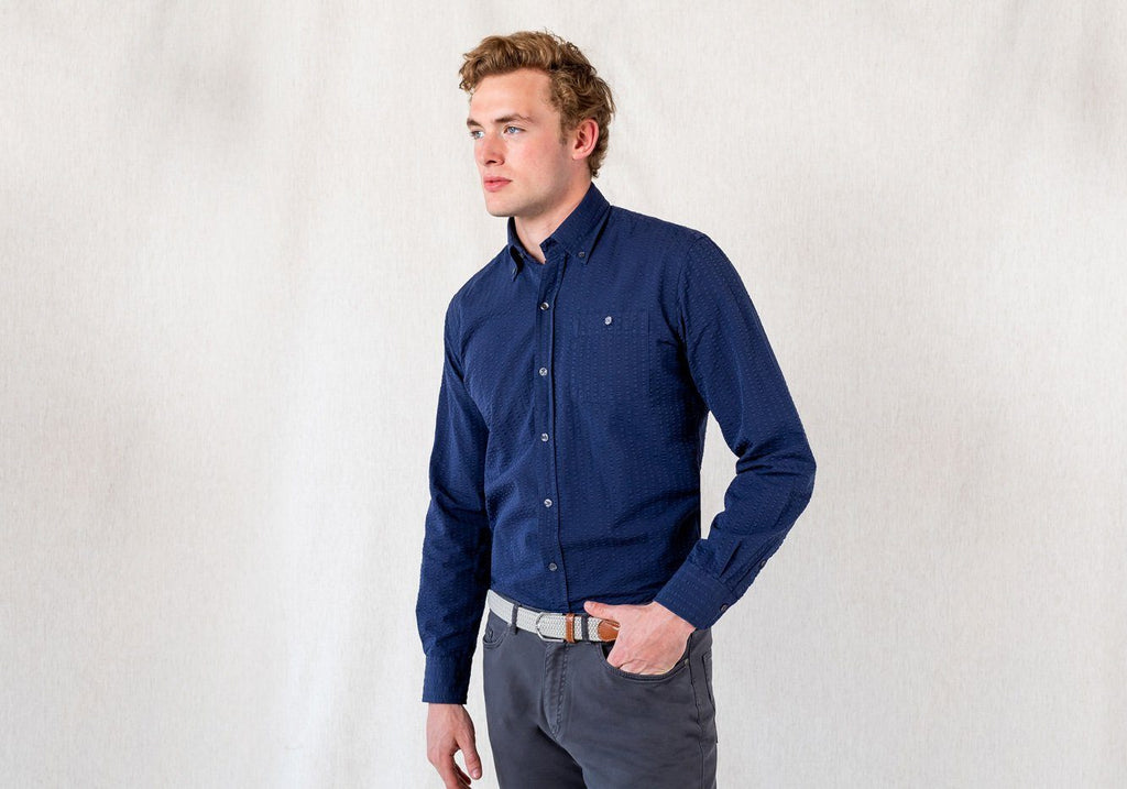 The Navy Stanston Seersucker Casual Shirt Casual Shirt- Ledbury