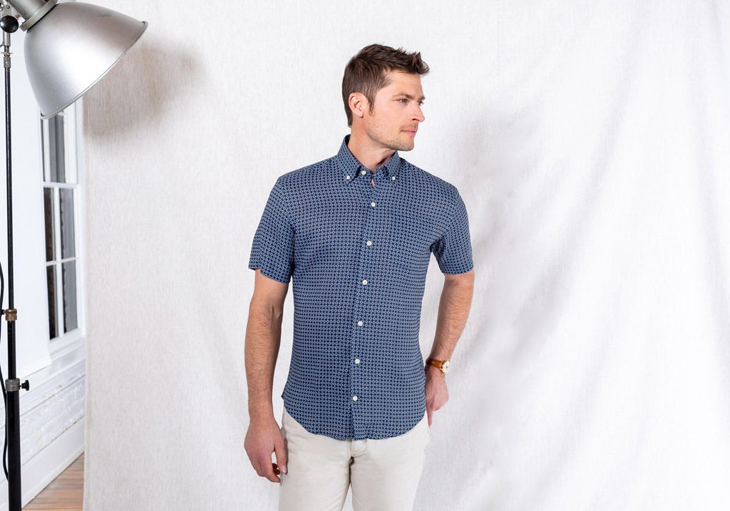 The 2019 Navy Short Sleeve Windham Print Casual Shirt Short Sleeve- Ledbury