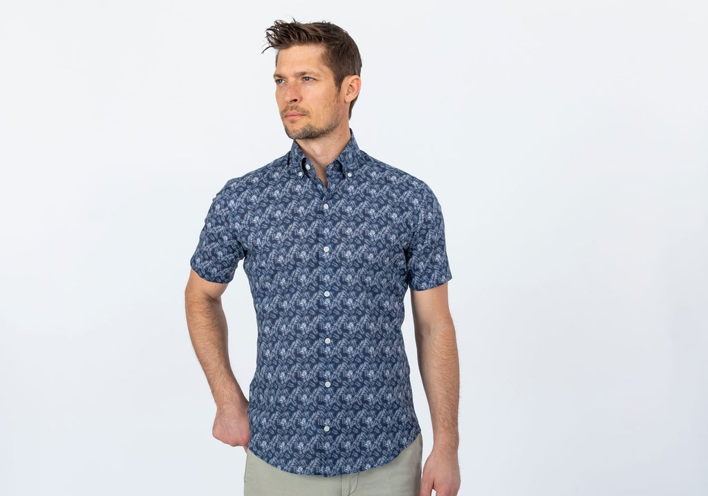 The Navy Short Sleeve Parke Printed Poplin Casual Shirt Short Sleeve- Ledbury