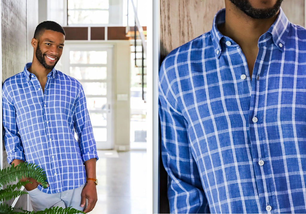 The Dark Blue Rowan Cotton Linen Windowpane Casual Shirt Casual Shirt- Ledbury