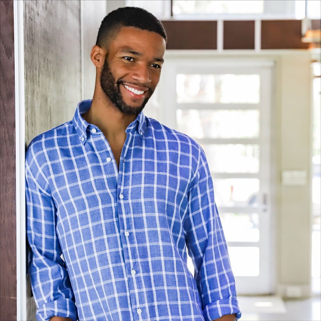 The Dark Blue Rowan Cotton Linen Windowpane Casual Shirt Casual Shirt- Ledbury
