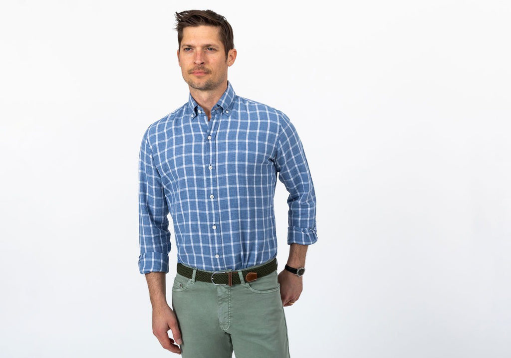 The Dark Blue Rowan Cotton Linen Windowpane Casual Shirt Casual Shirt- Ledbury