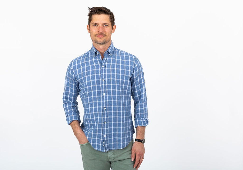The Dark Blue Rowan Cotton Linen Windowpane Casual Shirt Casual Shirt- Ledbury