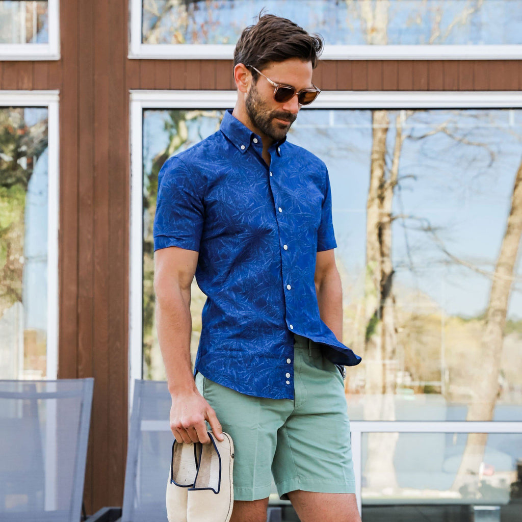 The Navy Howland Short Sleeve Palm Print Casual Shirt Short Sleeve- Ledbury