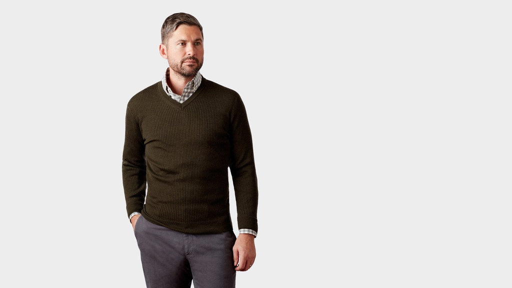 The Olive Heather Ribbed Barnes V-Neck Sweater Sweater- Ledbury
