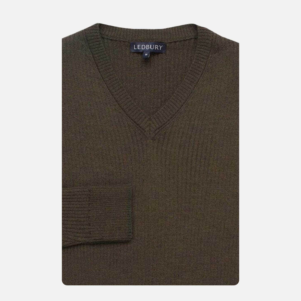 The Olive Heather Ribbed Barnes V-Neck Sweater Sweater- Ledbury