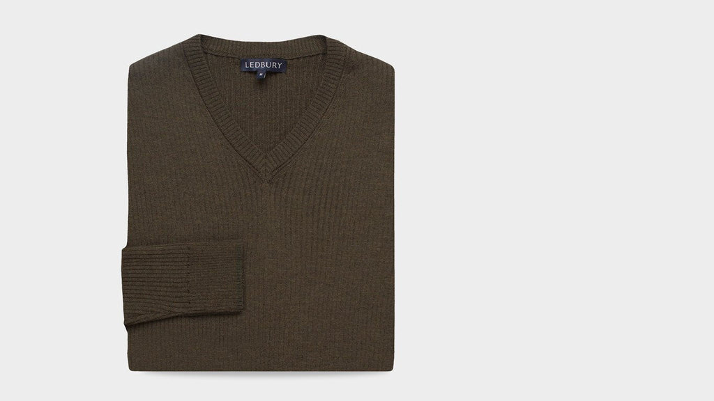The Olive Heather Ribbed Barnes V-Neck Sweater Sweater- Ledbury