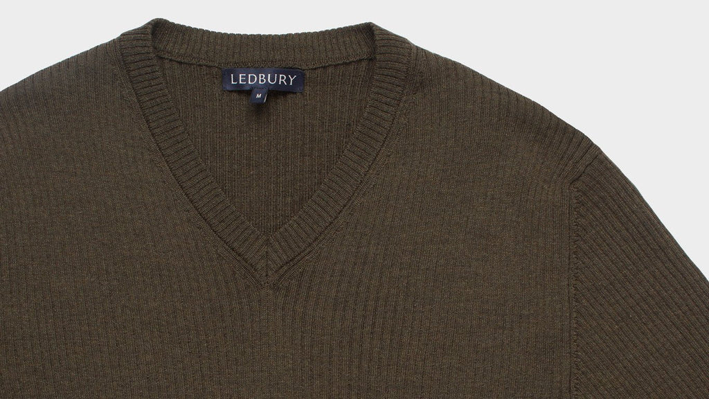 The Olive Heather Ribbed Barnes V-Neck Sweater Sweater- Ledbury