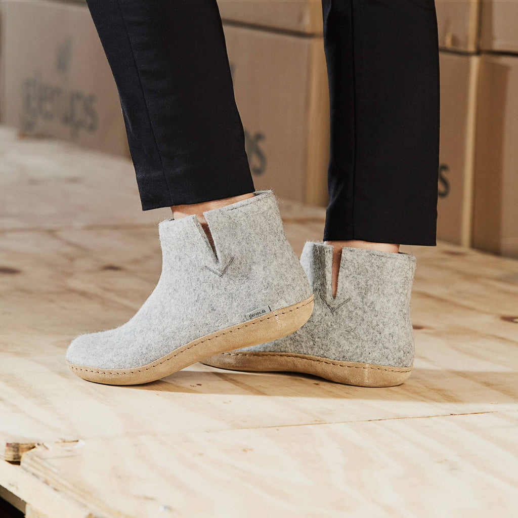 Glerups Grey Boot with Leather Sole Slipper Footwear- Ledbury