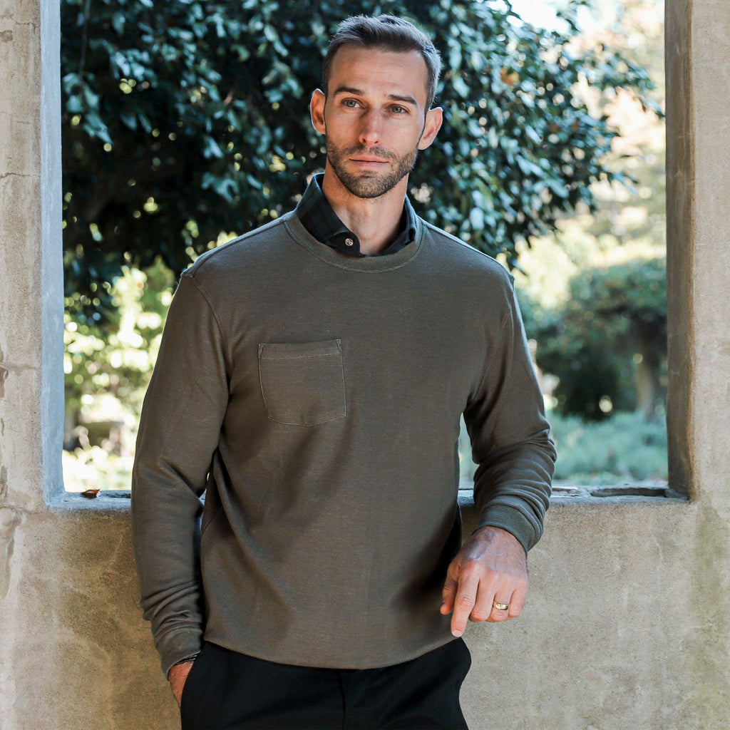 Linksoul Nutria Green Double Knit Pocket Crewneck Sweatshirt Sweatshirt- Ledbury