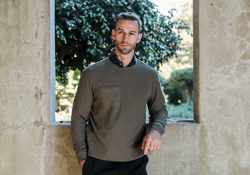 Linksoul Nutria Green Double Knit Pocket Crewneck Sweatshirt Sweatshirt- Ledbury