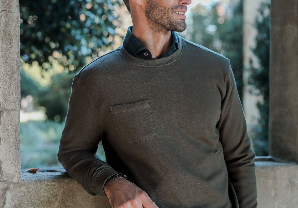 Linksoul Nutria Green Double Knit Pocket Crewneck Sweatshirt Sweatshirt- Ledbury