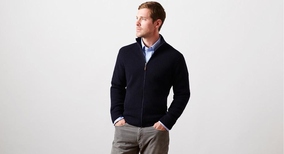 The Navy Hodge Zip-Up Cardigan Sweater- Ledbury