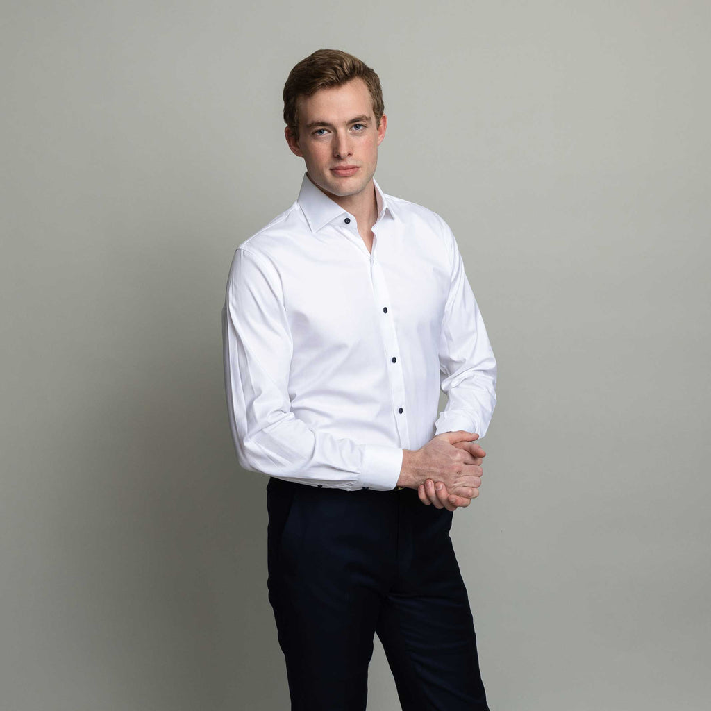 The White Adler Fine Twill with Navy Buttons Custom Shirt Custom Dress Shirt- Ledbury