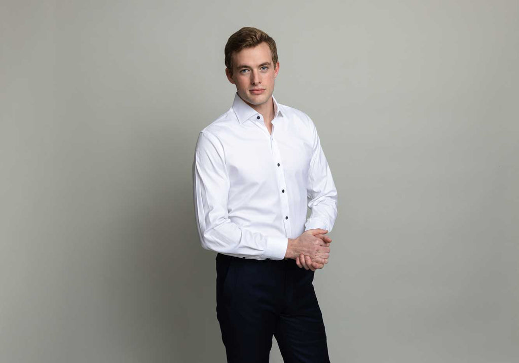 The White Adler Fine Twill with Navy Buttons Custom Shirt Custom Dress Shirt- Ledbury