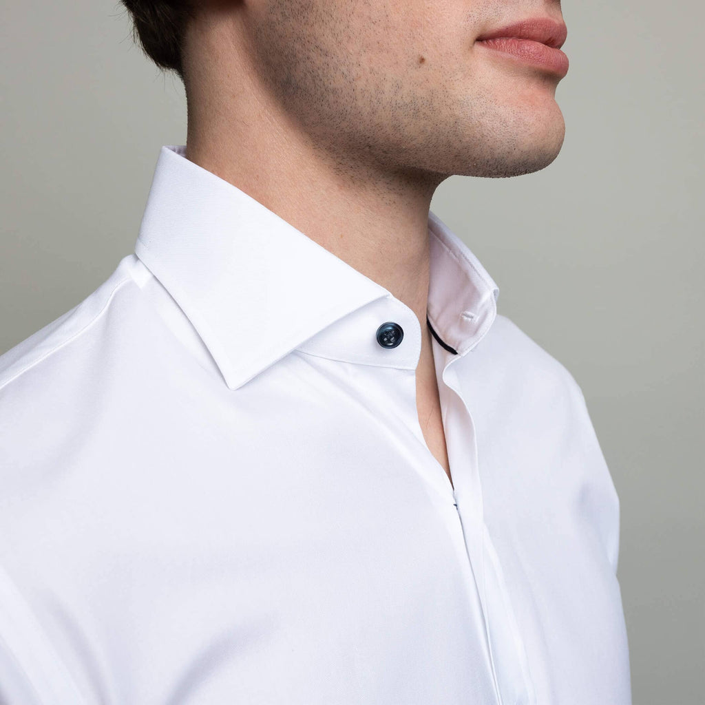 The White Madison Fine Twill with Navy Buttons Custom Shirt Custom Dress Shirt- Ledbury