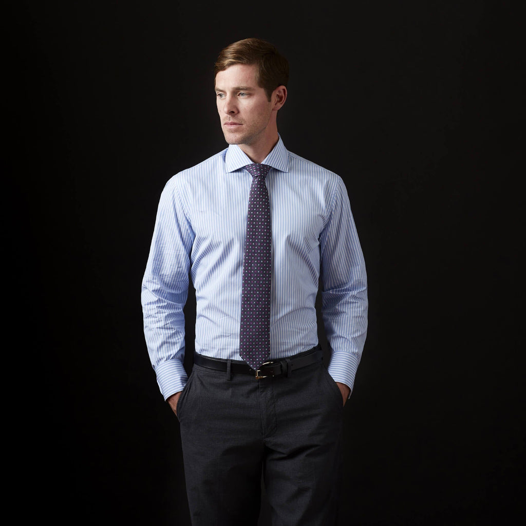 The Blue Albini Banker Stripe Ellington Twill Custom Shirt Custom Dress Shirt- Ledbury