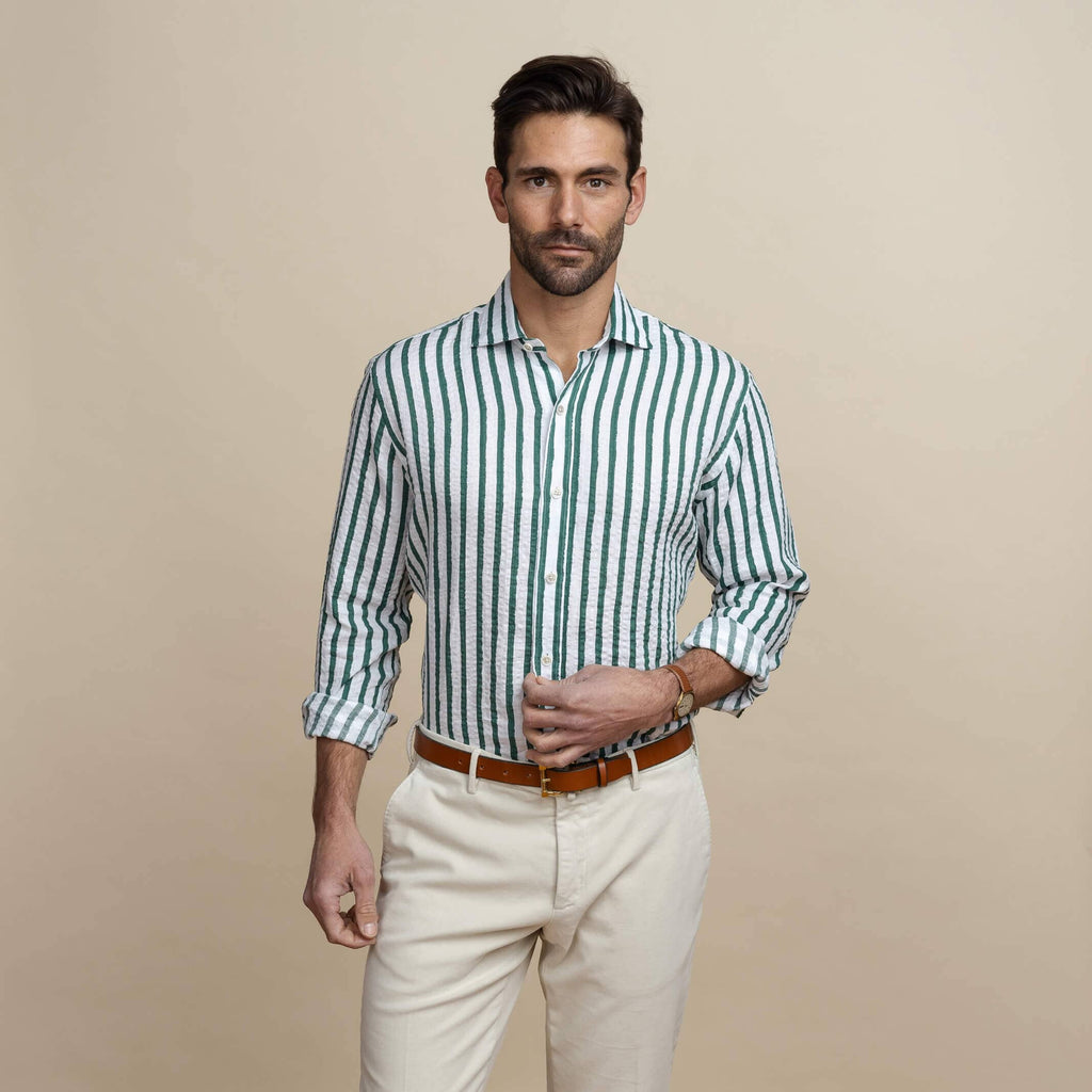 The Albini Bellamy Seersucker Striped Linen Custom Shirt Custom Casual Shirt- Ledbury