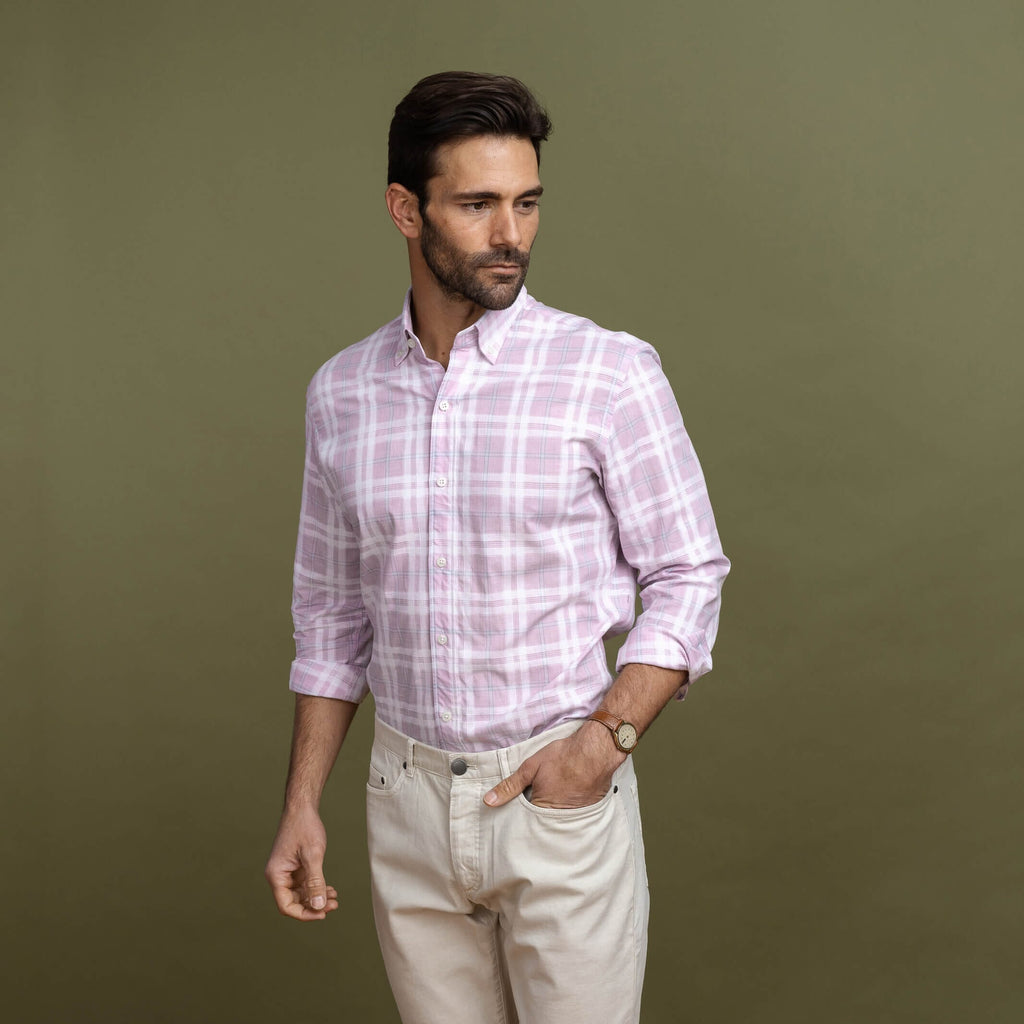 The PINK Byron Cotton Linen Plaid Custom Shirt Custom Casual Shirt- Ledbury