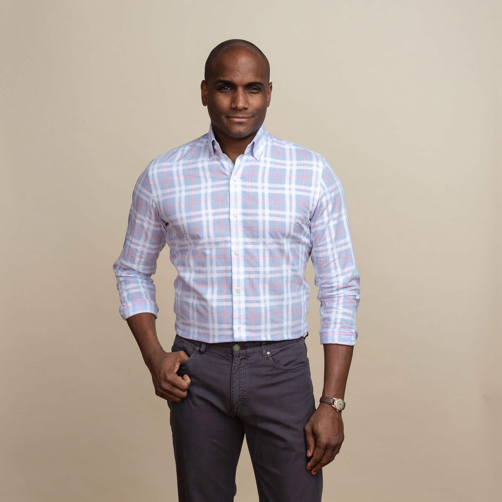 The Light Blue Byron Cotton Linen Plaid Casual Shirt Casual Shirt- Ledbury