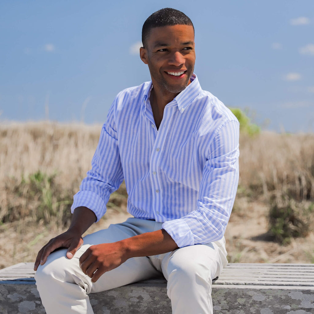 The Light Blue Heather Emerick Cotton Linen Custom Shirt Custom Casual Shirt- Ledbury