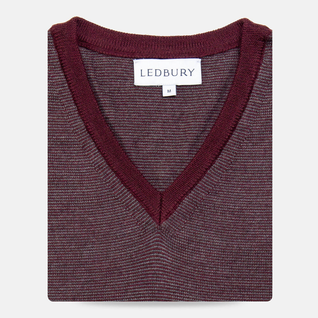 The Burgundy Heather Emmons Stripe V-Neck Sweater Sweater- Ledbury