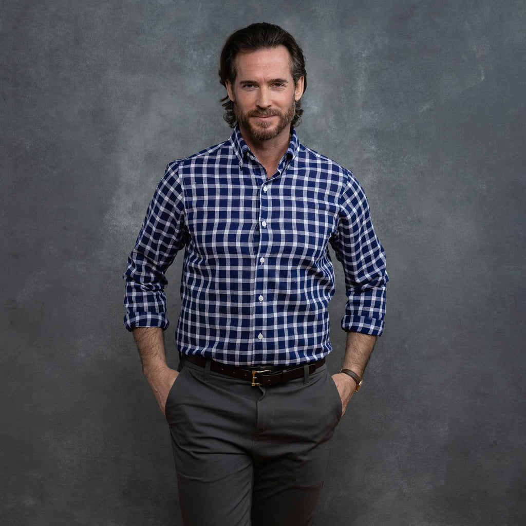 The Navy Blue Hillcrest Cotton Linen Windowpane Casual Shirt Casual Shirt- Ledbury
