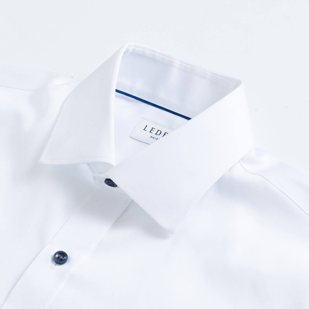 The White Madison Fine Twill with Navy Buttons Custom Shirt Custom Dress Shirt- Ledbury