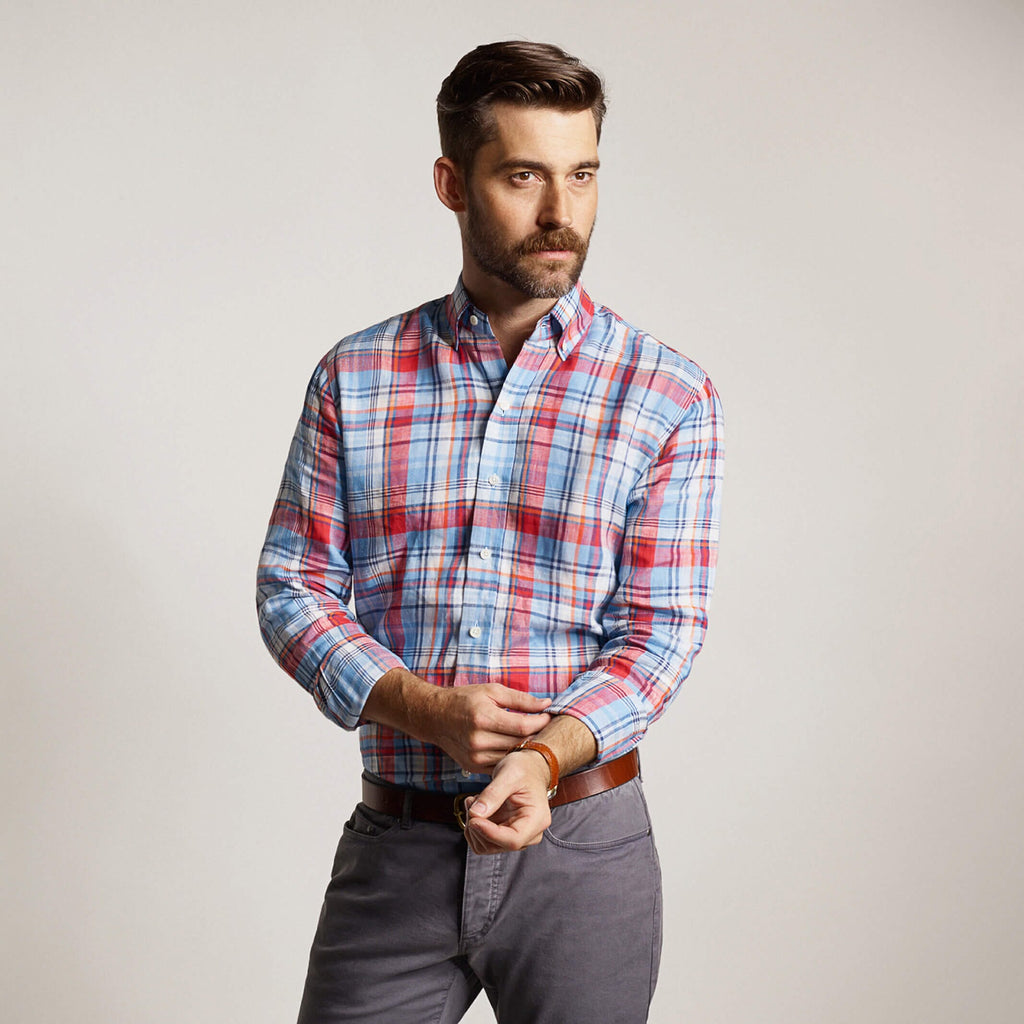 The Blue Petersham Plaid Linen Custom Shirt Custom Casual Shirt- Ledbury