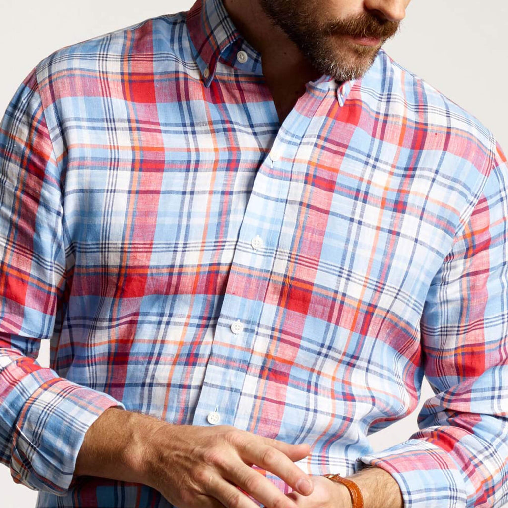 The Blue Petersham Plaid Linen Custom Shirt Custom Casual Shirt- Ledbury