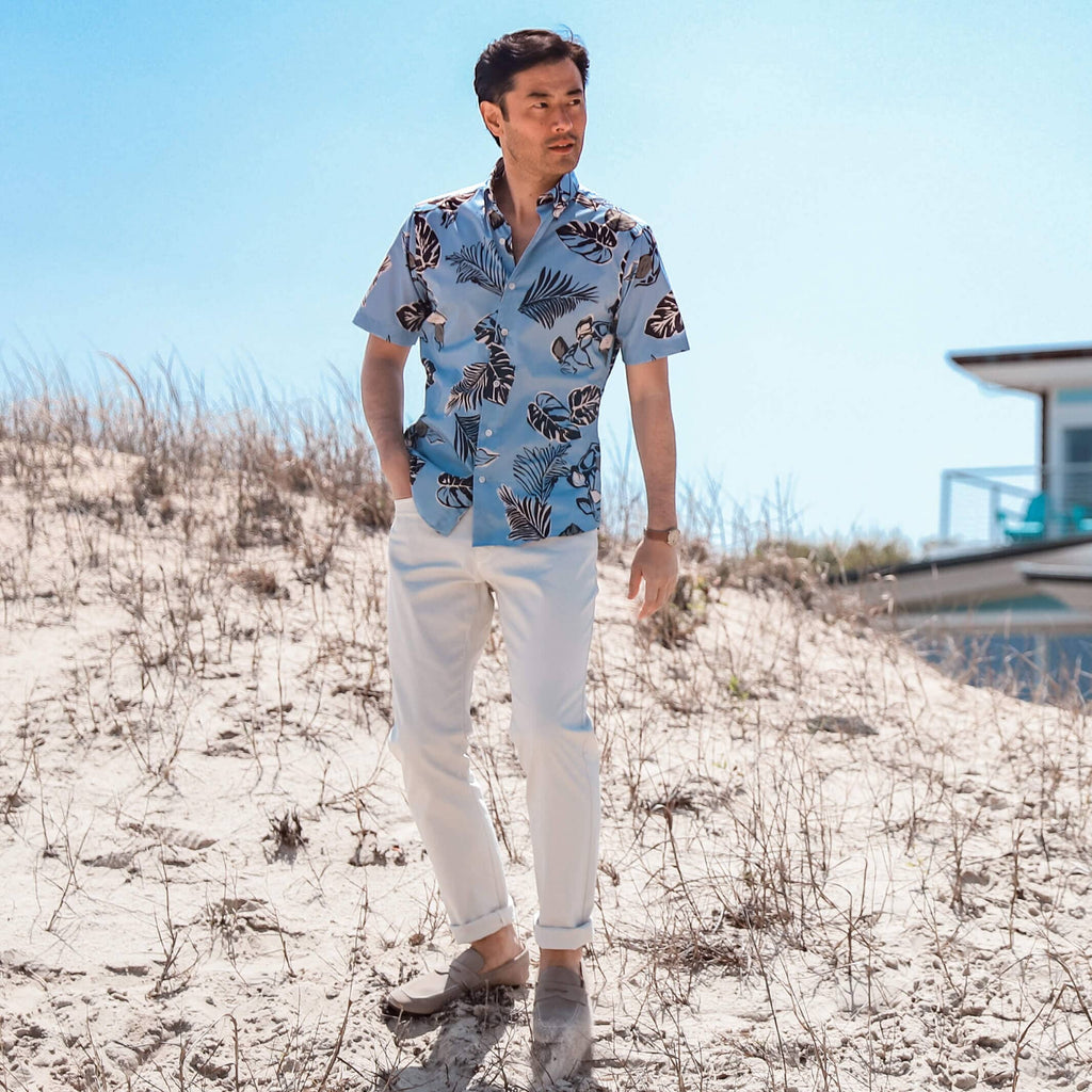 The Light Blue Short Sleeve Bloom Print Casual Shirt Short Sleeve- Ledbury