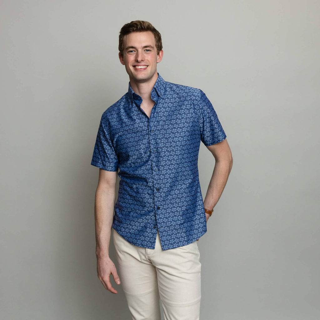 The Navy Short Sleeve Elliot Print Custom Shirt Custom Casual Shirt- Ledbury