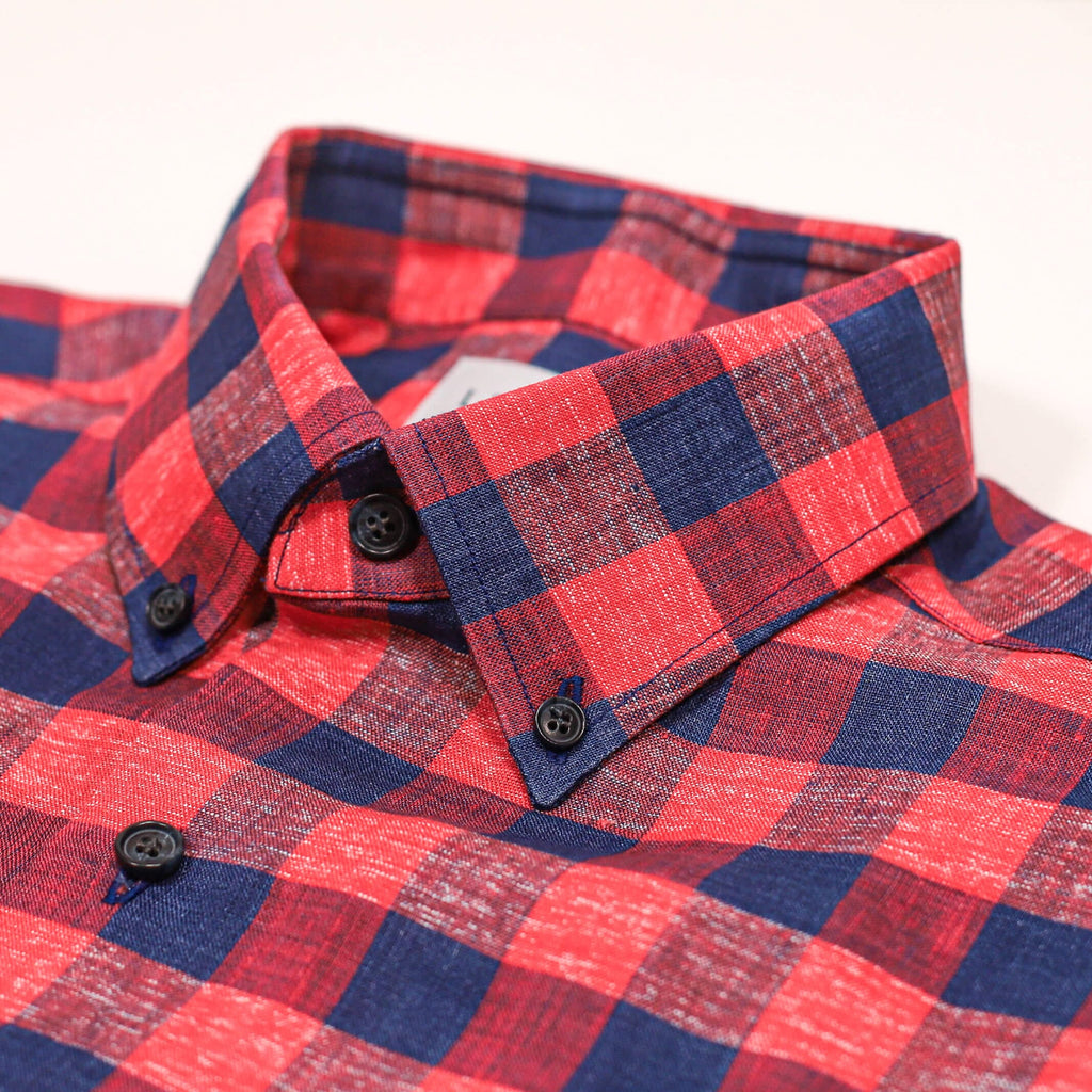 The Red Short Sleeve Frazier Linen Gingham Custom Shirt Custom Casual Shirt- Ledbury